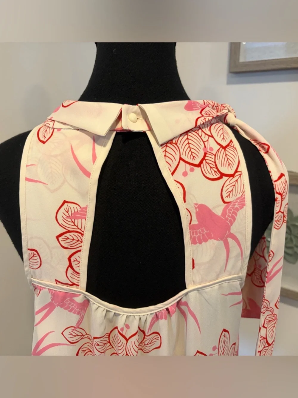 Anthropologie Maeve Cream/Red/Pink Bird & Leaf Print Bow Blouse EUC - Picture 10 of 16